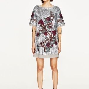 Zara embroidered floral sequin shift dress